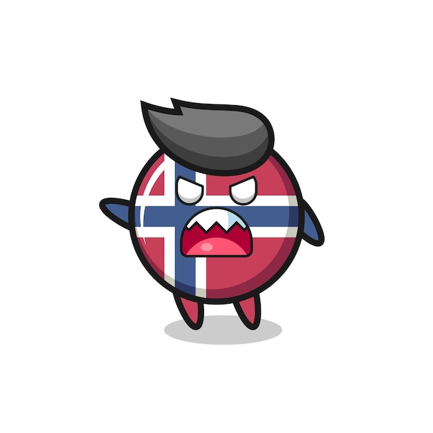 Desenho fofo do distintivo da bandeira da noruega em uma pose de muita raiva