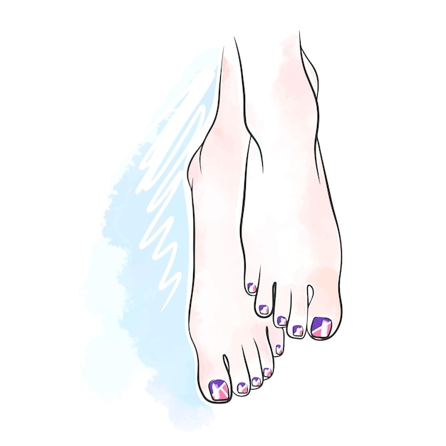 Desenho geométrico das unhas dos pés no doodle roxo do salão de beleza