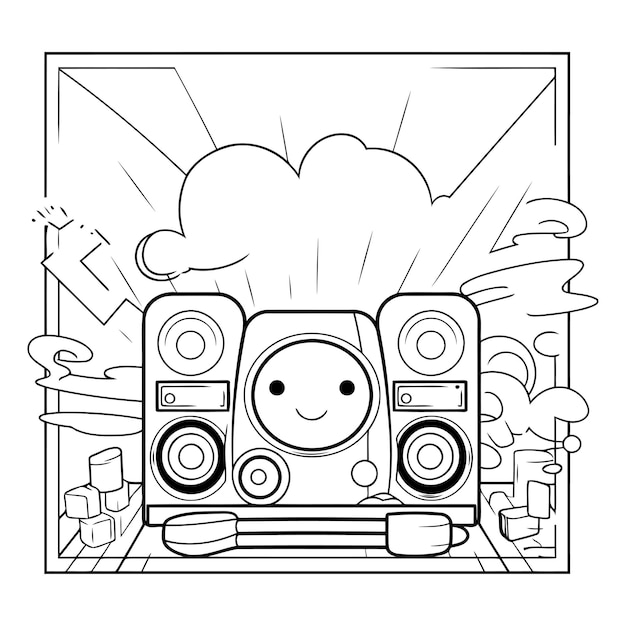 Vetor desenho gráfico de desenho animado de alto-falante musical em preto e branco