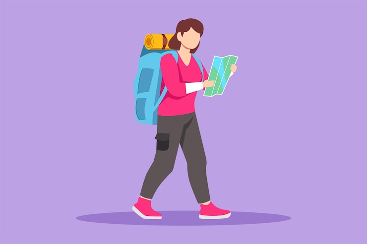 Vetor desenho gráfico plano desenho mulher bonita caminhante com mapa explorando floresta caminhante feminina sucesso recreação ao ar livre e escalada pico aventura de exploração da natureza ilustração vetorial estilo desenho animado