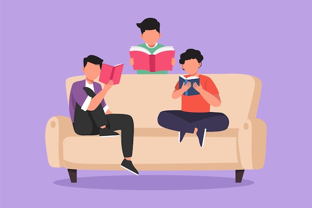 Desenho gráfico plano família amigável lê livros juntos na sala de estar em casa irmãos e filhos estão sentados no sofá conceito de leitura familiar conjunta ilustração em vetor estilo cartoon