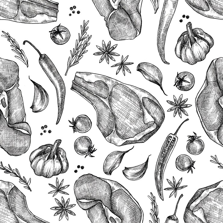 Vetor desenho gráfico sem costura padrão em estilo retro cozinhar produtos de carne bife carne de porco especiarias