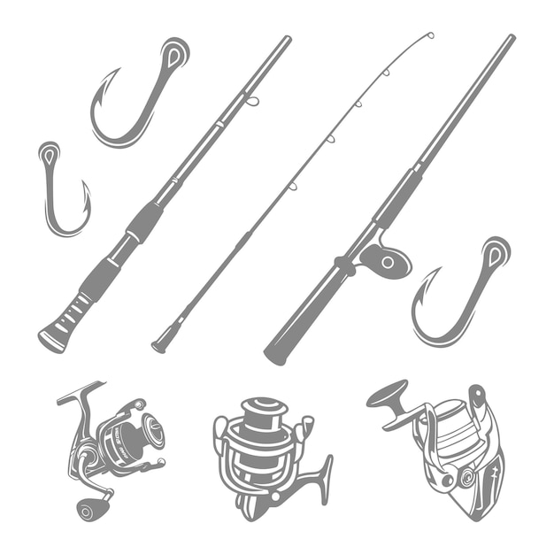 Desenho ilustrativo de canas de pesca, bobinas e ganchos