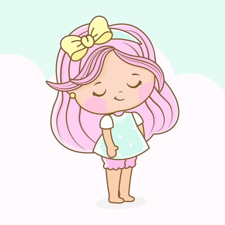 Vetor desenho infantil de menina com cabelo rosa no estilo kawaii