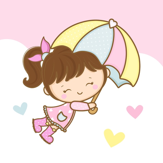 Desenho infantil de menina no céu voando com guarda-chuva
