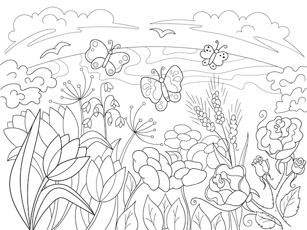 Desenho infantil para colorir glade com flores na natureza