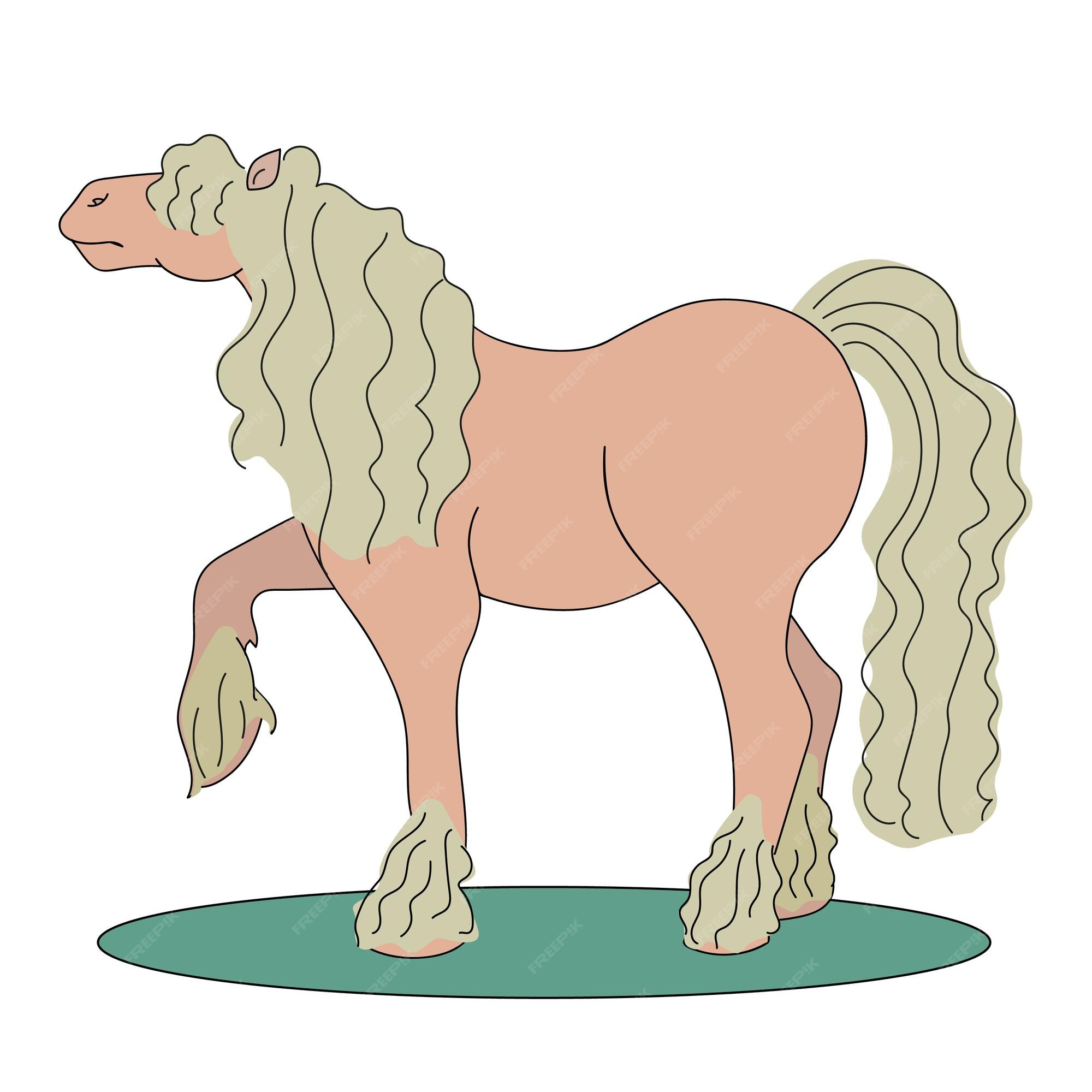 Desenho infantil vetorial de um cavalo de tração grande vermelho claro com  franja nos olhos, crina encaracolada e cauda