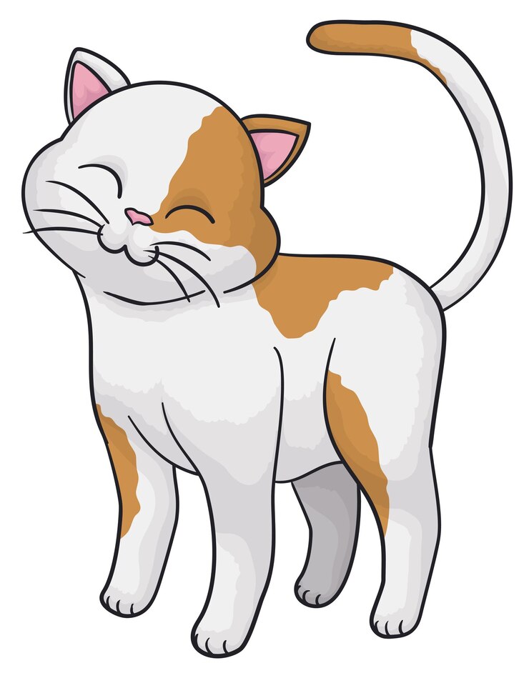 Vetor desenho isolado de gato bonito em pé com pêlo e manchas castanhas em fundo branco