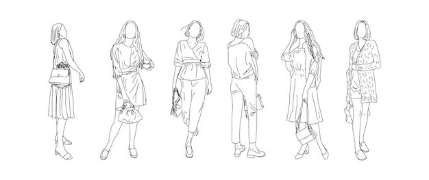 Desenho linear de meninas anunciando vários modelos de bolsas. Ilustração em vetor.