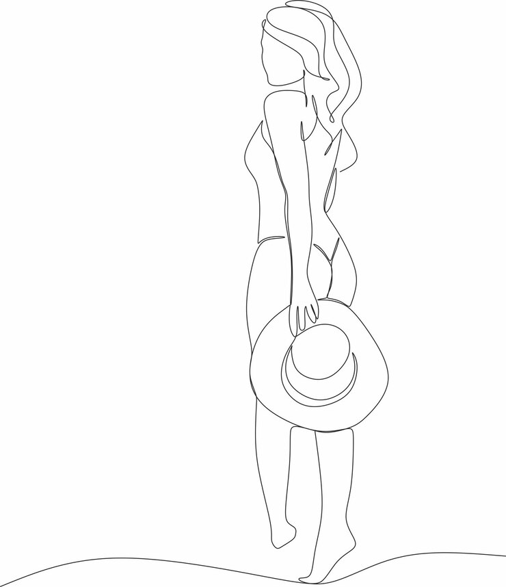 Desenho linear de uma menina de fato de banho