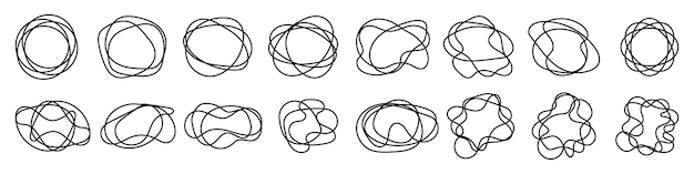 Desenho linear do círculo desenhado de mão. conjunto de círculos de doodle. ilustração vetorial círculos esboçados de doodle preto