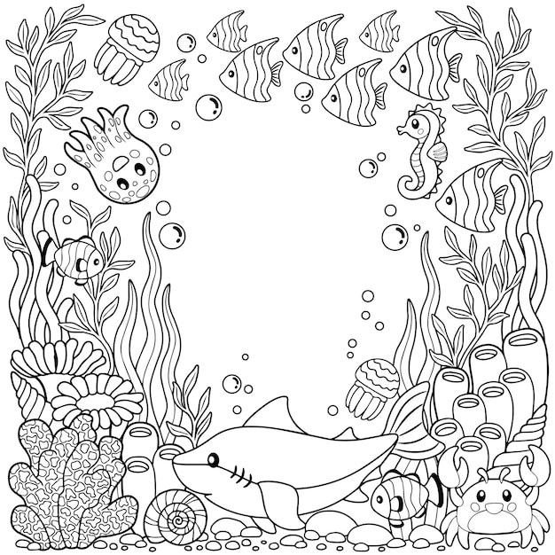 Vetor desenho livro para colorir para adultos. férias de verão, festa e descanso. livro de colorir para adultos para meditação e relaxamento. mar de verão. peixes tropicais, peixes nemo, águas-vivas, corais e conchas.