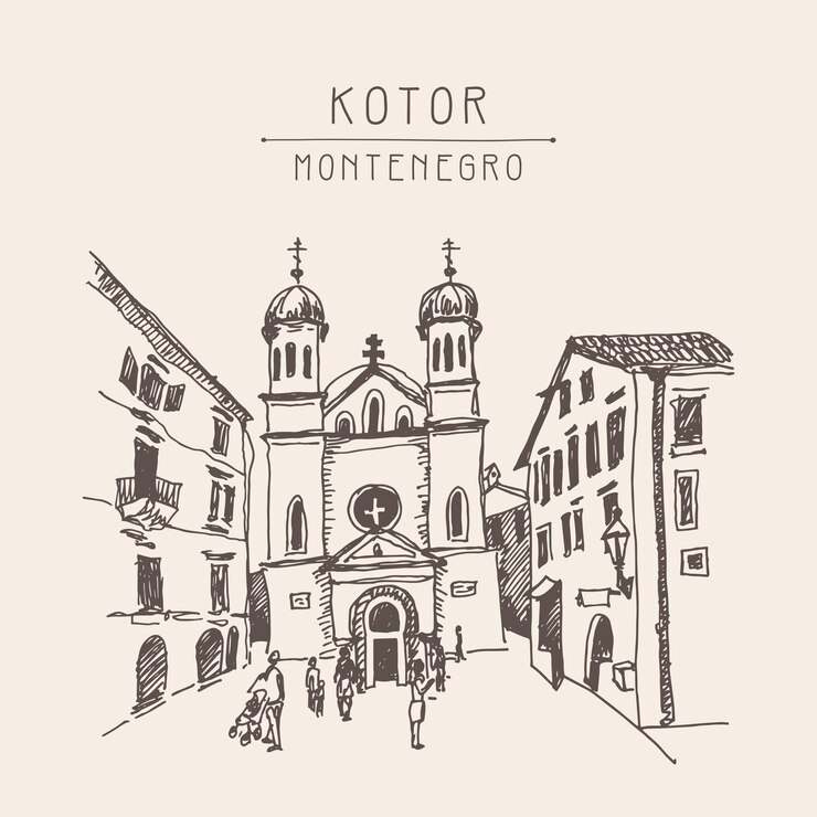 Vetor desenho original em sépia da igreja de são trifão em kotor montenegroworld