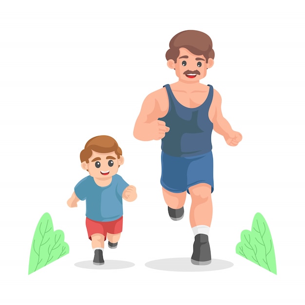 Desenho pai e filho correndo juntos. corrida matinal. família desportiva. conceito de paternidade. atividade física e estilo de vida saudável. conceito de dia dos pais feliz