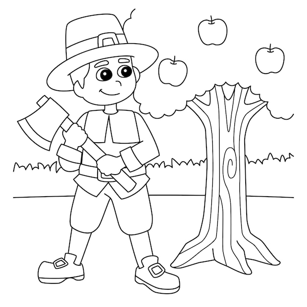 Desenho para colorir de menino peregrino de ação de graças segurando machado