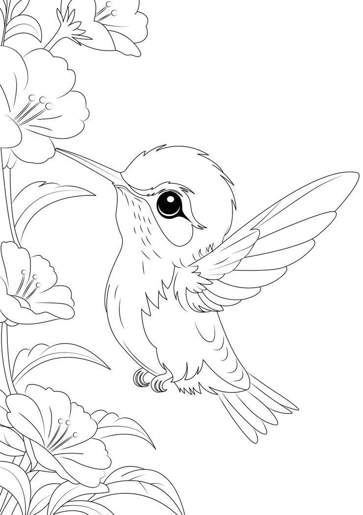 Vetor desenho para colorir de um beija-flor alegre bebendo néctar de uma flor