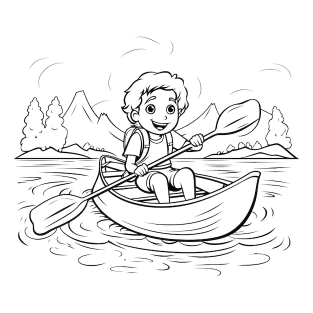 Desenho para colorir de um menino a remar um caiaque