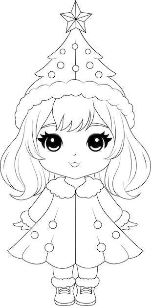 Vetor desenho para colorir de uma garota chibi vestindo roupa de natal