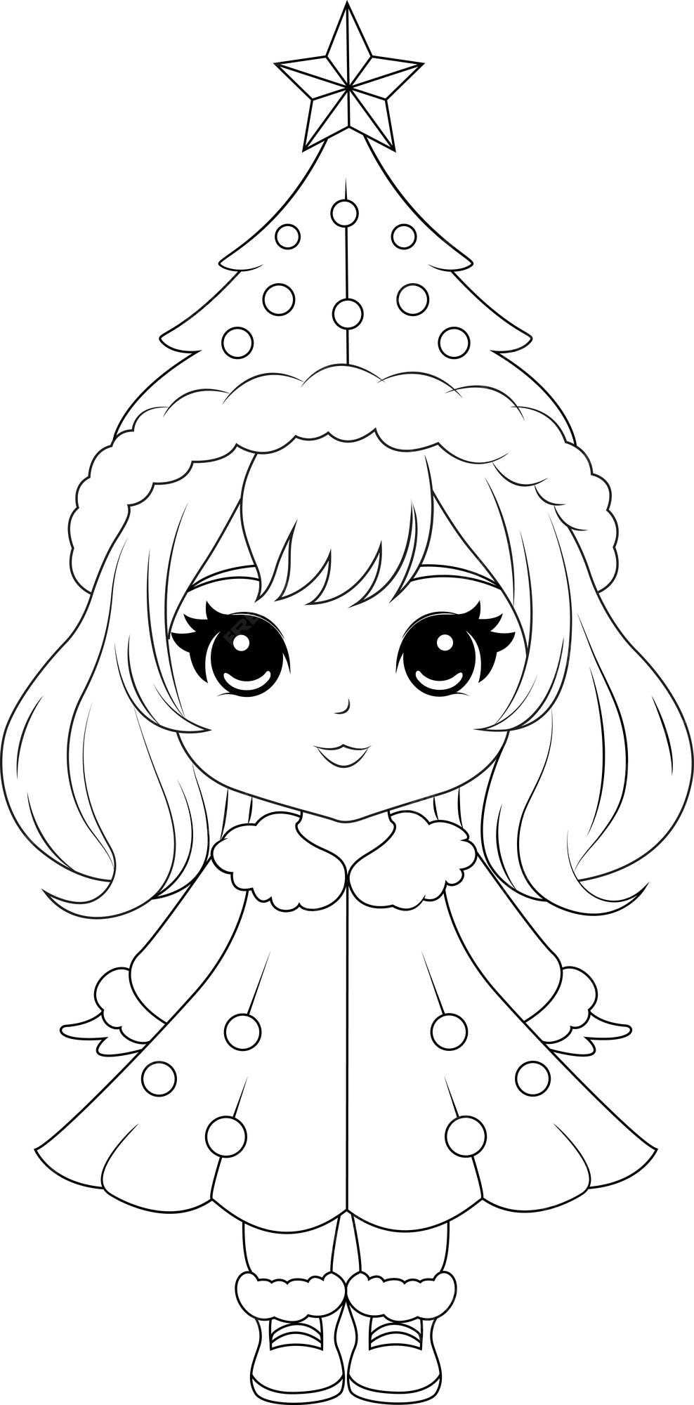 Desenho para colorir de Natal de Kawaii Chibi · Creative Fabrica