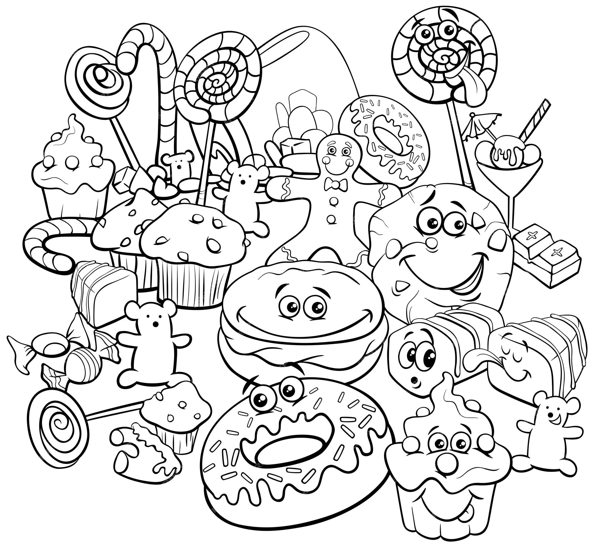 Desenho para colorir do grupo de objetos de comida doce dos desenhos  animados