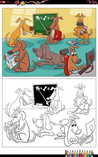 Desenho para colorir do grupo de personagens de animais de cães dos desenhos animados