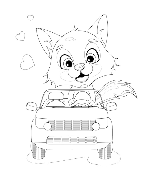 Desenho para colorir raposinha alegre e fofa anda de carro