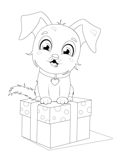 Desenho para colorir um cachorrinho fofo e alegre se senta em uma caixa de presente