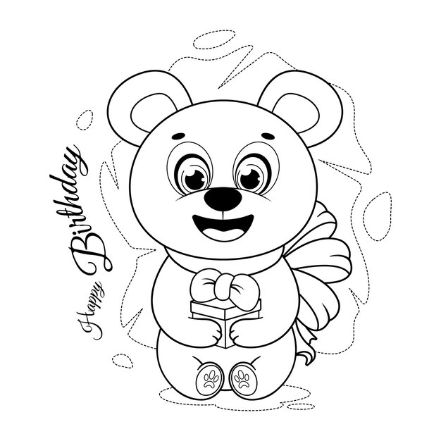 Desenho para colorir um urso fofo e uma caixa de presente