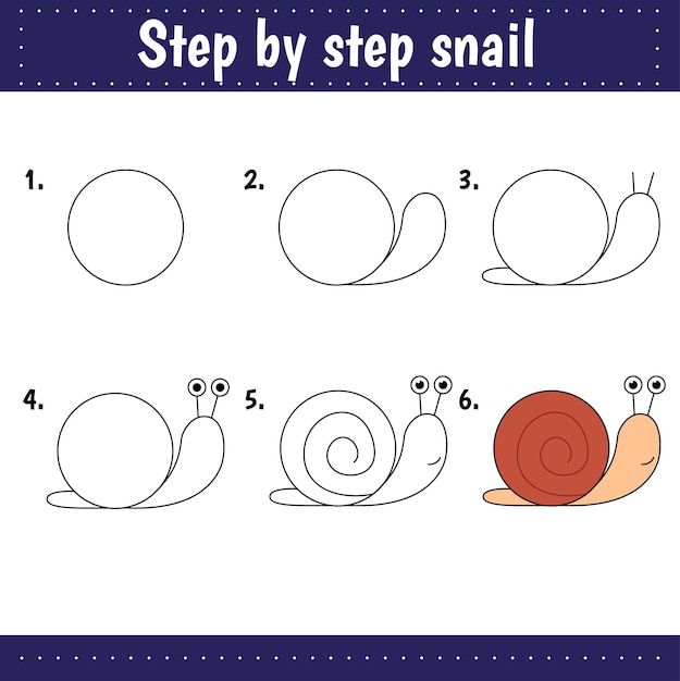 Vetor desenho passo a passo. tutorial de desenho para crianças. nível fácil. folhas de educação. como desenhar caracol. fichas de trabalho