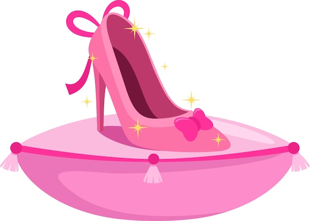 Desenho plano de ilustração vetorial de sapato de princesa rosa de desenho animado em uma almofada