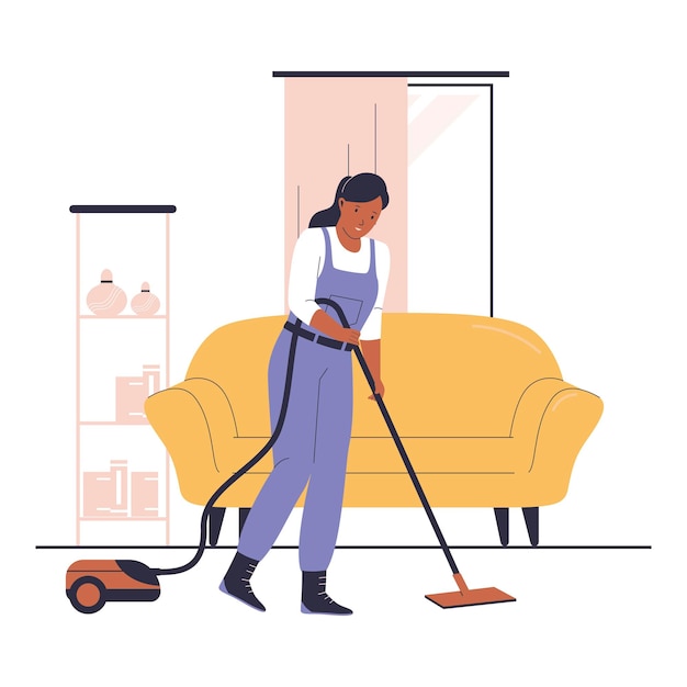 Desenho plano de mulher limpando o quarto usando um aspirador