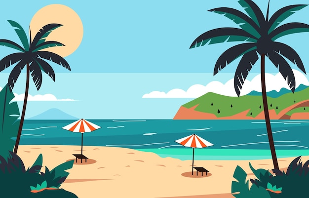 Desenho plano de paisagem de praia no verão com palmeiras tropicais