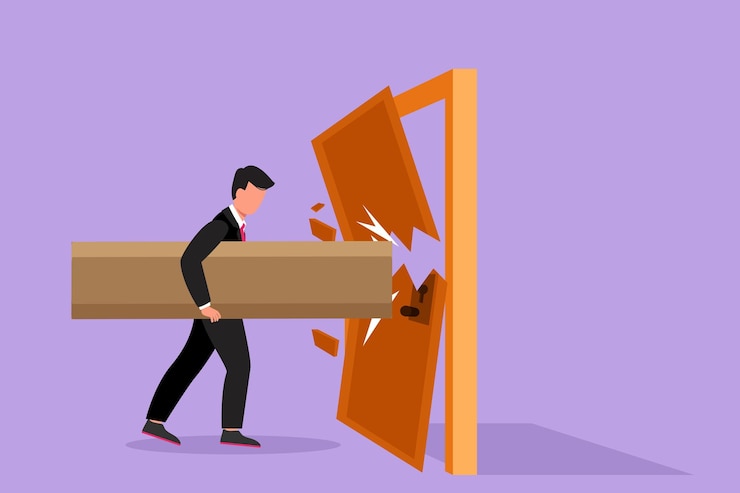 Vetor desenho plano de personagem do jovem empresário segurando um grande tronco e destruindo a porta supere os desafios de negócios e destruindo obstáculos com poder e força bruta ilustração em vetor de design dos desenhos animados