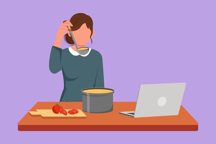 Vetor desenho plano de personagem jovem dona de casa misturando degustação de molho de tomate saborear refeição com espátula de madeira prepare comida na cozinha aconchegante enquanto assiste ao tutorial no laptop ilustração em vetor design dos desenhos animados