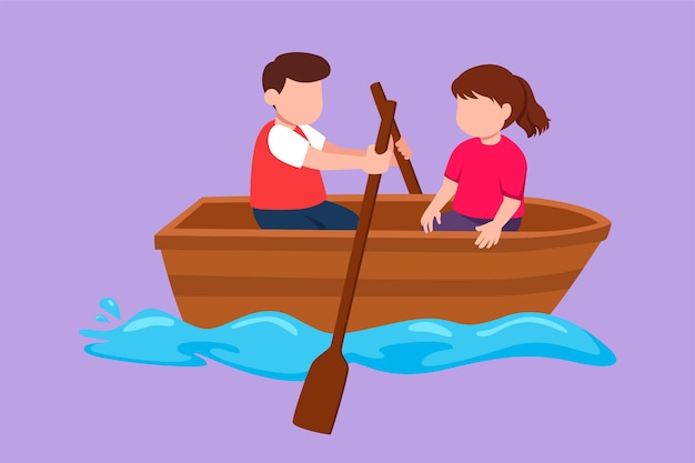 Vetor desenho plano de personagem menino e menina remando de barco juntos crianças andando em um barco de madeira no rio barco a remo de crianças em um pequeno lago crianças felizes barco a remo ilustração em vetor design dos desenhos animados