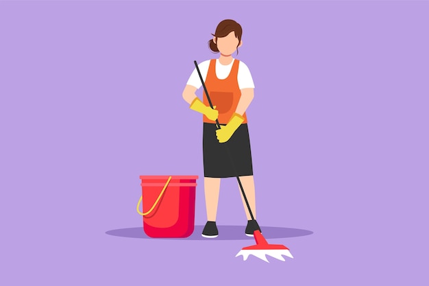 Desenho plano de personagens funcionários da empresa de limpeza para trabalhar com o equipamento Mulher bonita com baldes e esfregões Trabalhadora doméstica de limpeza e equipamento de trabalho de limpeza Ilustração vetorial de design de desenho animado