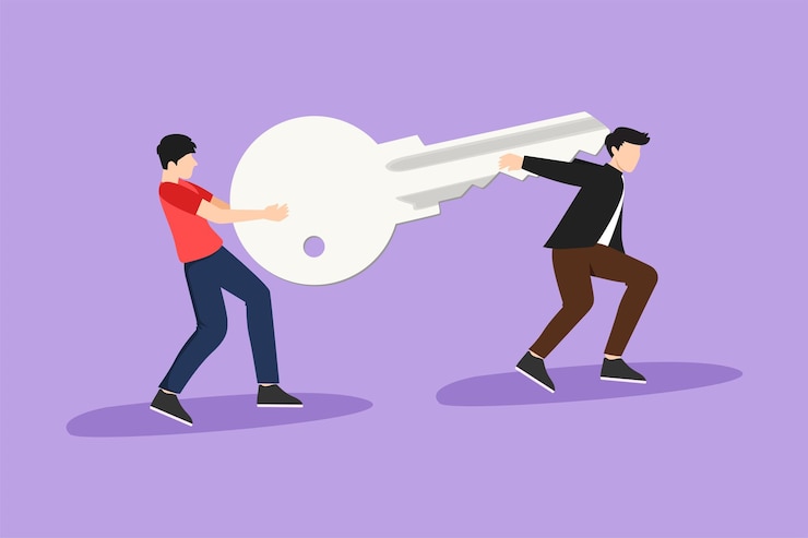 Vetor desenho plano de personagens trabalho em equipe desbloquear o conceito de solução de negócios empresário ou empreendedor levantando a chave e subindo o gráfico de colunas ou escadas para vencer ou ter sucesso ilustração vetorial de design de desenho animado