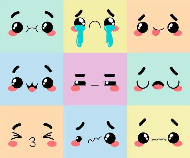 Desenho plano desenhado à mão coleção de rostos kawaii