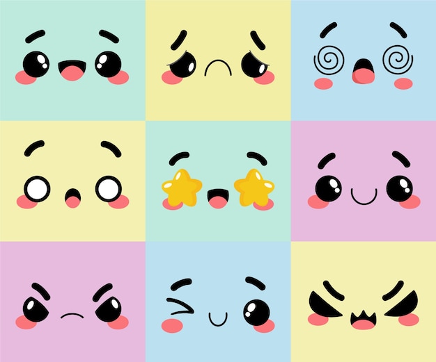 Desenho plano desenhado à mão coleção de rostos kawaii