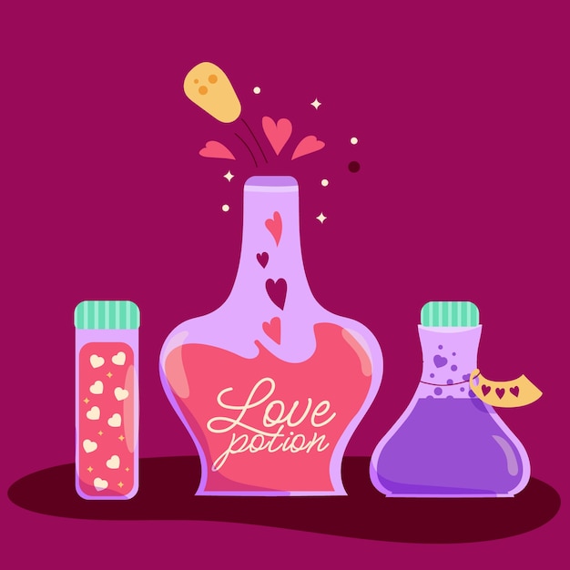 Desenho plano desenhado à mão ilustração de poção de amor