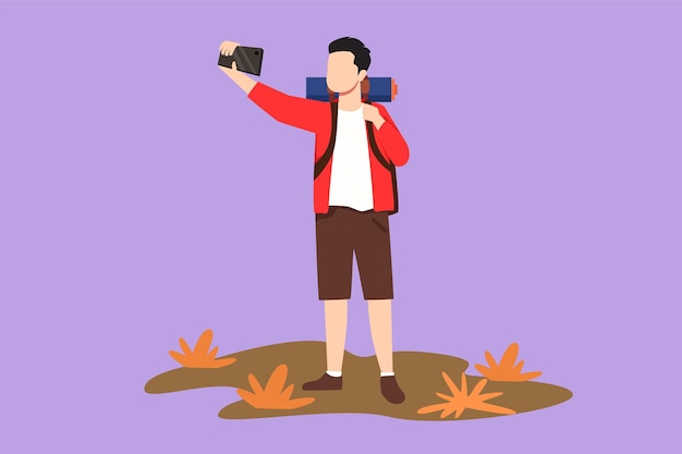 Desenho plano gráfico desenho homem ativo fazendo selfie com smartphone Homem de viagem com mochila fazendo selfie Turismo natureza mochila ou trekking viagem logotipo ícone Ilustração vetorial de estilo de desenho animado