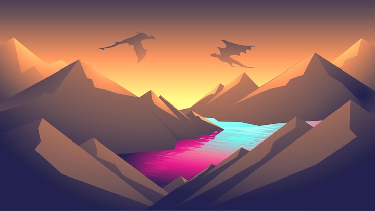 Vetor desenho plano paisagem de cordilheira rochosa e penhasco com rio rosa com um dragão lutando
