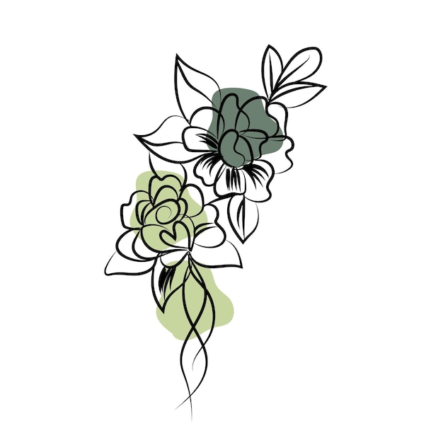 Desenho plano vetorial de folhas e flores lineares