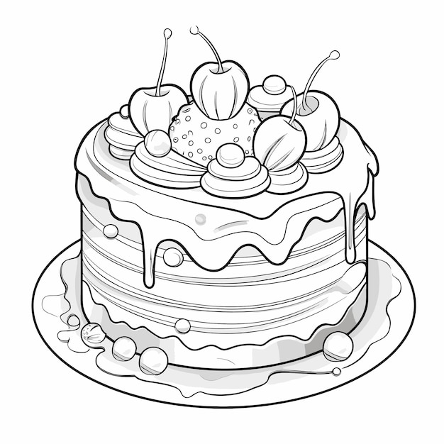 Desenho preto e branco de um bolo desenhado à mão ilustração de contorno de bolo de aniversário