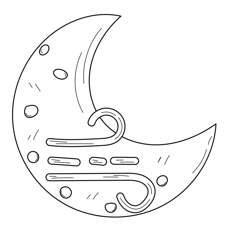 Vetor desenho preto e branco de uma lua crescente com nuvens finas ao seu redor