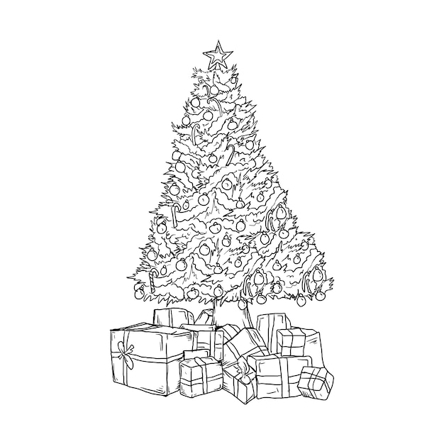 Desenho preto e branco ilustração desenhada à mão árvore de natal e caixa  de presente | Vetor Premium