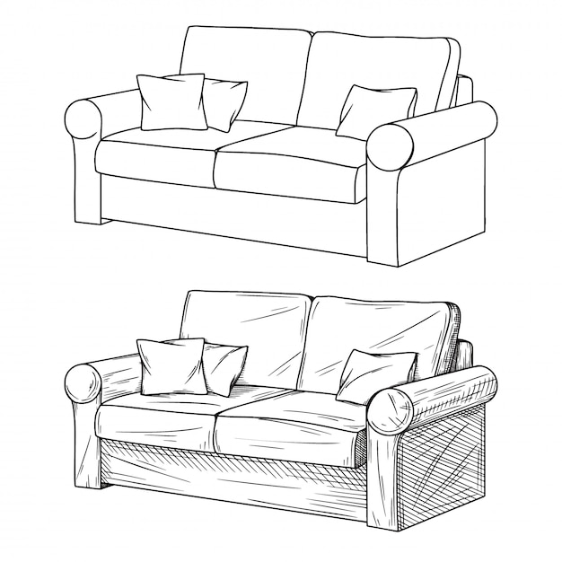 Desenho realista de sofás isolados