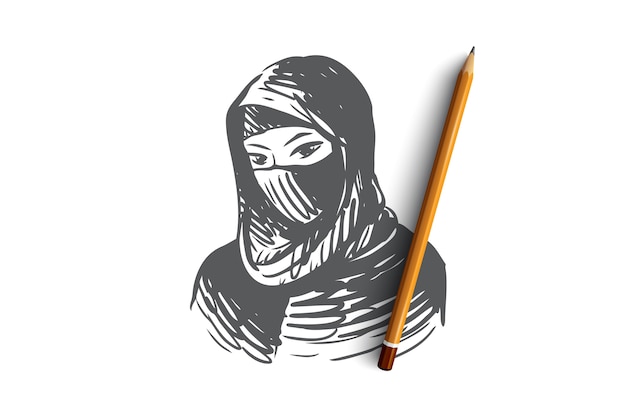 Desenho retrato de jovem muçulmana em esboço do conceito de hijab