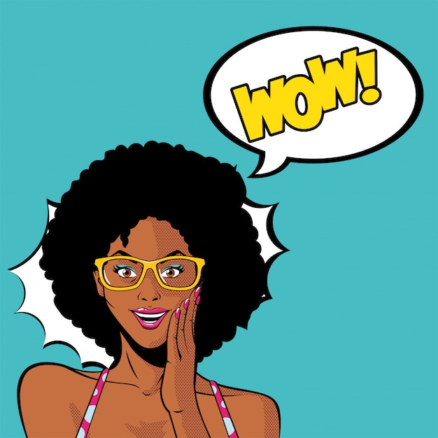 Desenho retrô de mulher negra afro com óculos e vetor de explosão uau