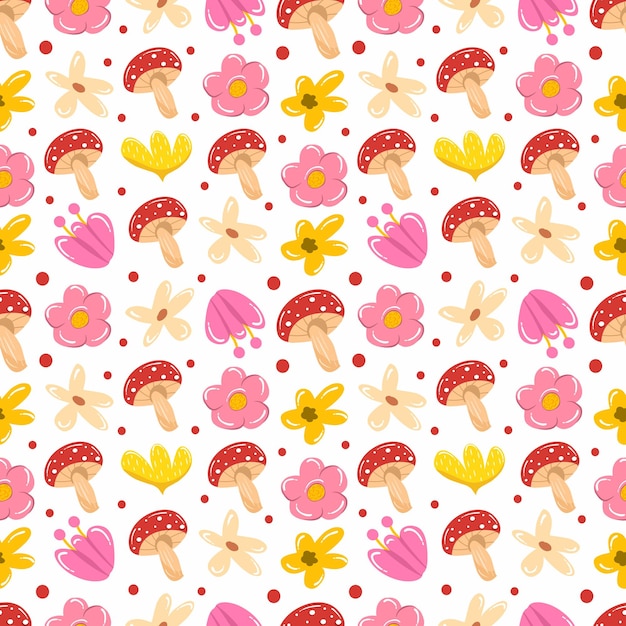 Desenho sem costura de cogumelos e flores silvestres para tecido ou papel de embrulho